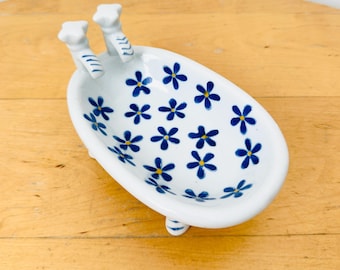 Jabonera de cerámica vintage para bañera, soporte para baratijas con diseño floral azul