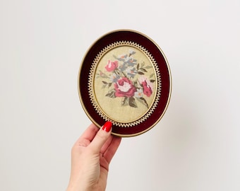 Vintage Framed Floral Needlepoint, Round Floral Picture, Wall Hanging