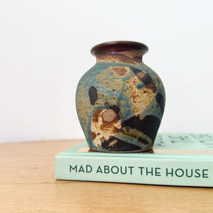 Può includere: Un piccolo vaso in ceramica arrotondato con una smaltatura maculata nei toni del blu, marrone e marrone chiaro. Il vaso ha un collo corto e stretto con un bordo marrone scuro. La consistenza della superficie appare irregolare e terrosa.