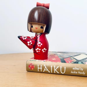 Kokeshi Doll, Wooden Hand-pained Japanese Doll, Red Kokeshi Doll