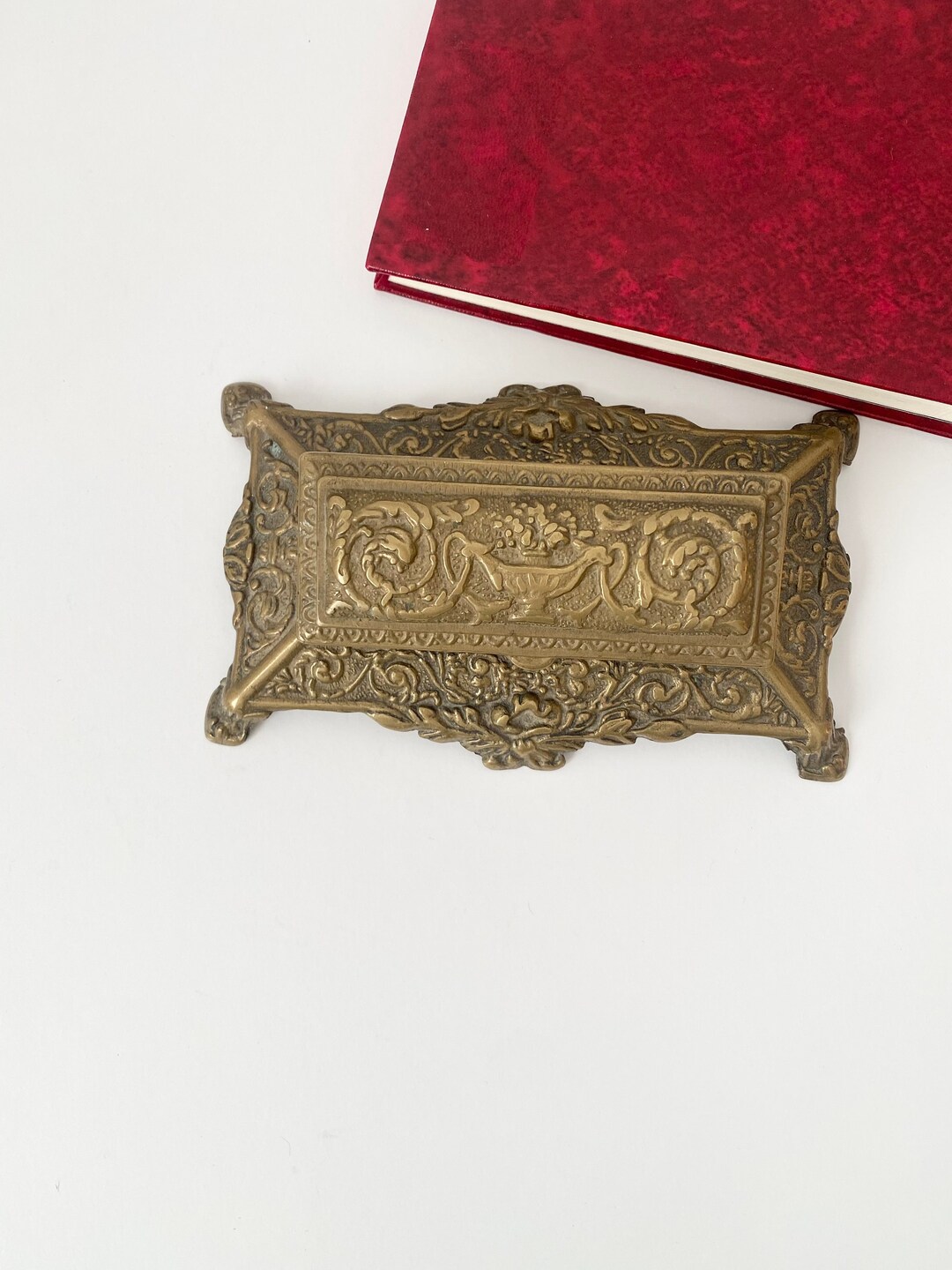 Antique Brass Stamp Holder, Rococo Style Postage Stamp Holder, Ornate