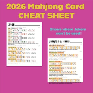 May include: A pink cheat sheet for the 2026 Mahjong card game. The sheet includes examples of hands, such as singles, pairs, and combinations of suits and numbers. The text highlights where Jokers cannot be used.