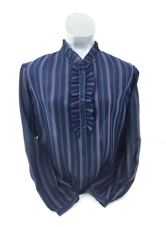 Vintage 70's Navy Striped Ruffle Lightweight Shirt