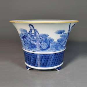 Hand-Painted Blue & White Porcelain Bonsai Pot | Manjushri Riding Lion | Handmade Antique-Style Planter Collector Art Piece with Certificate