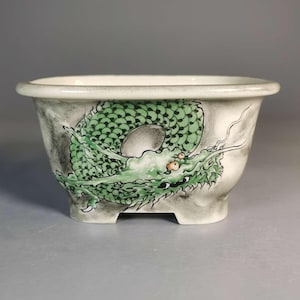 May include: A small, off-white ceramic bonsai pot with a green dragon design. The dragon is painted on a grey background. The pot has a rectangular shape with small feet.