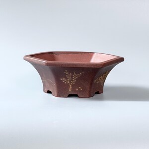 Vintage-Aged Yixing Zisha Hexagonal Flared-Rim Shallow Dou Bonsai Pot