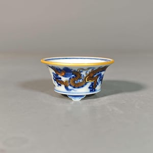 Hand-Thrown & Hand-Painted Underglaze Blue  Doucai Dragon Mini Bonsai Pot | Antique-Style Ming Dragon Thumb Planter with Certificate