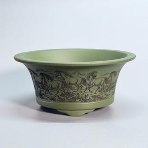 Yixing Duanni Zisha Incised Eight Steeds Calligraphy Open-Rim Round Bonsai Pot