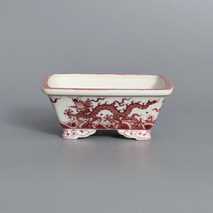 Hand-Finished and Hand-Painted Ming-Style Dragon Motif Underglaze Wucai Rectangular Bonsai Pot