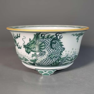 Vaso para bonsai "Peixe a Dragão" feito à mão com pintura sob esmalte policromado, peça de arte chinesa para plantio.