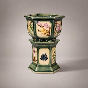 Shiwan Bonsai Pot with Pedestal, Green Crackle Glaze Hexagonal Planter with Floral Relief