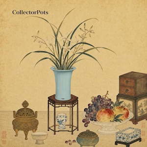 May include: A digital illustration titled CollectorPots featuring a light blue vase with white orchids on a wooden stand, a bronze incense burner, a bowl of grapes and pomegranates, a small blue and white jar, and a wooden cabinet.