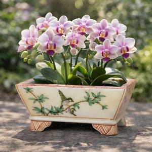 Pot à bonsaï à motif rouge de style ancien, jardinière d'oiseaux et de fleurs peinte à la main, mini pot à bonsaï rectangulaire, jardinière en porcelaine de Chine