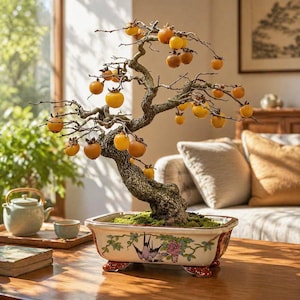 Könnte beinhalten: Ein Bonsai-Baum mit einem gebogenen Stamm und Ästen voller orangefarbener Früchte. Der Baum steht in einem rechteckigen, verzierten Keramiktopf mit einem bemalten Design. Der Topf steht auf einem Holztisch, mit einer Teekanne und einer Tasse.