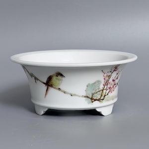 Hand-Painted Famille Rose Bird-and-Blossom Bonsai Pot with Calligraphy