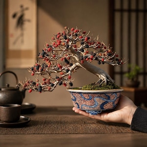 Puede incluir: Un bonsái con bayas rojas y negras en una maceta de cerámica azul y blanca decorativa. El árbol se sostiene en una mano, mostrando los intrincados detalles del árbol en miniatura y su recipiente. El bonsái es un símbolo de tranquilidad.