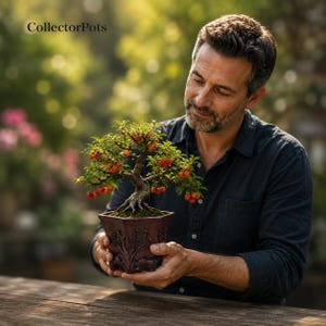 May include: A bonsai tree with small red fruits and green leaves planted in a dark brown hexagonal ceramic pot featuring embossed floral patterns. The text CollectorPots is visible in the upper left corner of the image.
