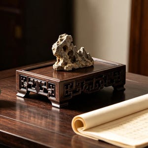 May include: A dark brown wooden display stand with intricate openwork carvings along the sides, featuring a rectangular top surface. A single, porous, light grey natural stone with an irregular, craggy texture rests on the wooden stand.