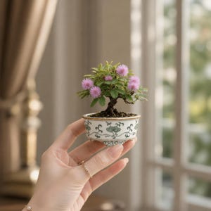Peut inclure: Un bonsaï miniature avec des fleurs roses vives et des feuilles vertes, planté dans un pot en céramique blanc et vert décoratif. Le pot présente un motif orné. Le bonsaï est tenu dans une main, avec une fenêtre en arrière-plan.