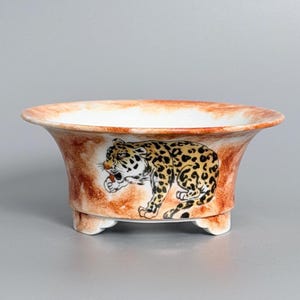 Hand-Painted Iron-Red & Ink-Enamel Leopard in Mountain Forest Bonsai Pot