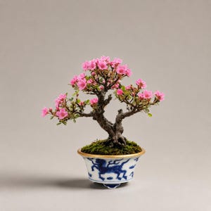 Puede incluir: Un árbol bonsái con flores rosas vibrantes y hojas verdes. El árbol está plantado en una maceta de cerámica azul y blanca decorativa con un borde dorado. El bonsái está sobre un fondo neutro.