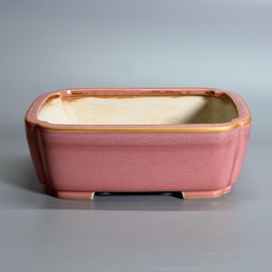 May include: A rectangular ceramic bonsai pot with a dusty rose pink exterior glaze and a smooth, cream-colored interior. The rim features a thin, metallic gold-toned border, and the base is supported by four small, integrated feet.
