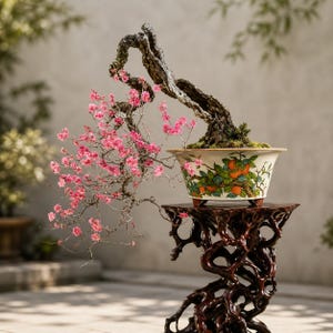 May include: A bonsai tree with pink blossoms and a gnarled trunk, displayed in a decorative ceramic pot with a fruit design. The bonsai is placed on a dark wooden stand with an intricate, openwork design, showcasing the tree's elegant form.