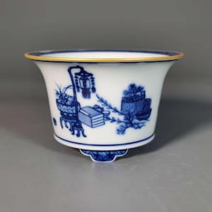 Hand-Thrown Blue & White Porcelain Bonsai Pot, Antique Bogutu Motif, Mini Planter with Certificate