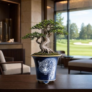 Helt handgjord fin blåvit snöleopard rund bonsai-kruka med utsvängd kant
