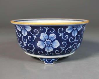 Una maceta de porcelana azul y blanca finamente elaborada, decorada con la técnica 'Fen Shui' y motivos de hibisco.