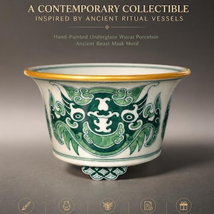 Maceta para bonsái “Taotie” policromada bajo vidriado, hecha a mano / Maceta de porcelana de estilo antiguo / Motivo ritual chino / Certificado incluido