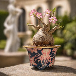 Puede incluir: Una planta de rosa del desierto en maceta con flores rosas. La maceta decorativa de cerámica es azul marino con un diseño de pulpo rojo. El fondo borroso muestra una estatua y vegetación. La maceta está sobre una superficie de piedra.