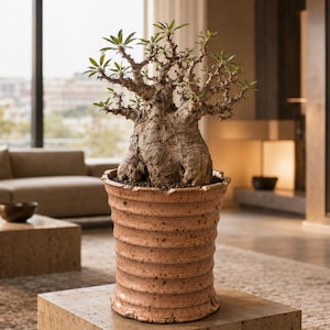 May include: A thick, textured caudex plant with many branching stems and small green leaves, potted in a tall, cylindrical, light brown ceramic planter featuring horizontal ridges and a speckled, matte finish throughout the exterior surface.