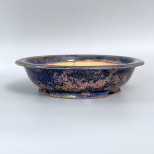 Handmade Starry Blue Gold-Splashed Flambé Glaze Shallow Round Bonsai Pot with Ring Foot