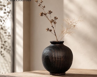 Jarrón esférico de madera de alcanfor Yakisugi hecho a mano / Jarrón de madera Wabi-Sabi para flores