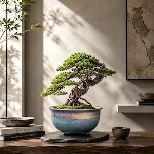 May include: A bonsai tree with vibrant green needles and a textured, gnarled trunk planted in a round, glazed ceramic pot. The pot features a gradient of blue and purple tones with a smooth finish, resting on a dark, flat, irregular stone base.