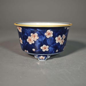 Hand-Thrown Underglaze Blue & White “Plum Blossom” Bonsai Pot | Polychrome Accents | Ming-Style Porcelain Planter | Dade Hall | Certificate