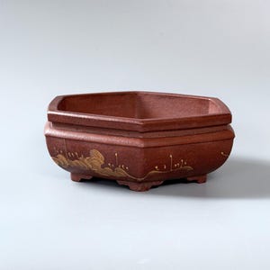 Vintage Yixing Zisha Hexagonal Bonsai Pot with Double-Banded Waist Design
