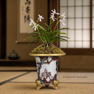 Hand-Thrown and Hand-Painted Glazed Porcelain Tripod Orchid Pot in an Oriental Zen-Inspired Aesthetic