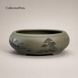 Maceta redonda de bonsái de doble línea, baja y con forma de tambor, de fina madera de Yixing Zisha, con paisaje y poesía grabados.