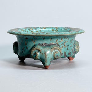 Jun Ware Natural Turquoise-Glazed Three-Ram Wide-Rim Censer-Style Bonsai Pot