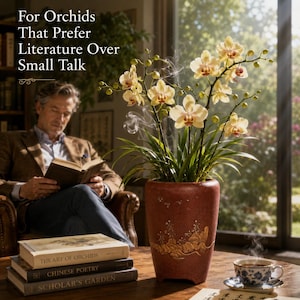 May include: A tall, textured, reddish-brown ceramic planter featuring gold-toned relief detailing, containing a blooming orchid plant with pale yellow flowers and green leaves. The text "For Orchids That Prefer Literature Over Small Talk" is visible.