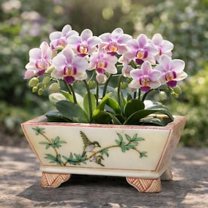 Maceta para bonsái de estilo antiguo con estampado rojo, maceta pintada a mano con pájaros y flores, mini maceta rectangular para bonsái.