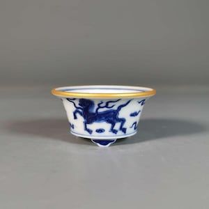 Handgemachte blau-weiße Seepferdchen-Bonsaischale | Antiker Ming Stil Übertopf aus Porzellan | Mini Scholar Objekt | Inklusive Zertifikat
