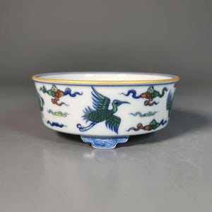 Hand-Thrown Underglaze Blue & Doucai Crane Bonsai Pot | Ming Style Porcelain Planter with Gilt Rim