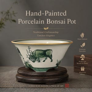 May include: Hand-painted porcelain bonsai pot with a green and white bull design. The pot has a gold rim and sits on a dark wooden stand. The text on the pot reads "Hand-Painted Porcelain Bonsai Pot".