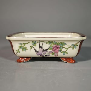 Hand-Painted Vermilion Ground ‘Floral & Bird’ Rectangular Bonsai Pot, Chinese Art Ceramic Planter with COA