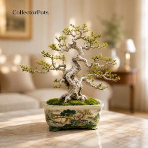 May include: A bonsai tree with a textured, light-colored trunk and small green leaves, planted in a rectangular ceramic pot. The pot features a painted landscape scene with trees and mountains in shades of blue, green, and brown.
