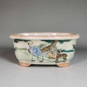 Hand-Painted Antique-Style ‘Children at Play’ Porcelain Bonsai Pot  Rectangular Form · Underglaze Enamel · With Certificate of Authenticity