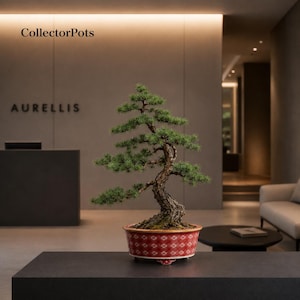 May include: A bonsai tree with a textured, winding brown trunk and green needles, planted in a round, red ceramic pot featuring a white geometric pattern and a gold rim. The text CollectorPots and AURELLIS are visible in the background.